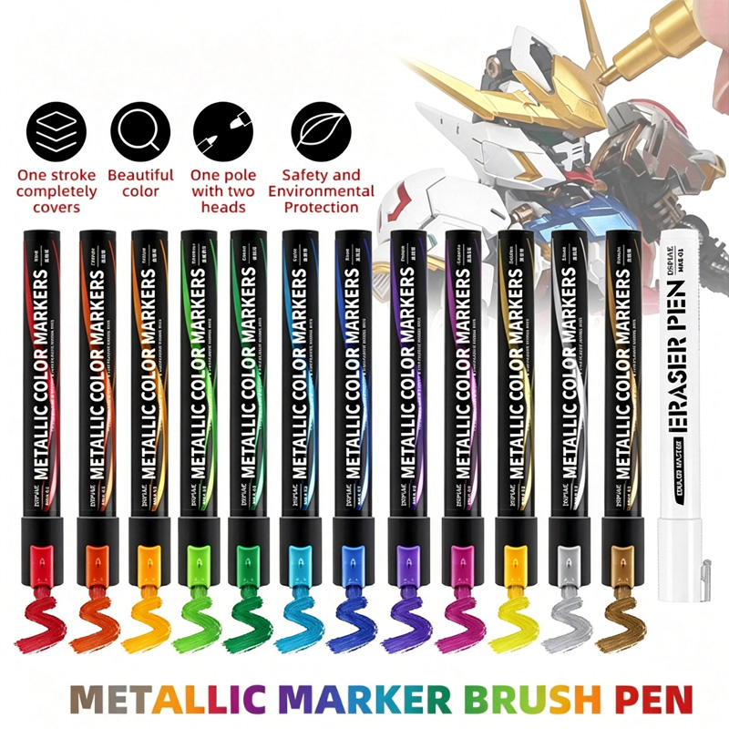 Model Kit Markers - ปากกาเมทัลลิกสำหรับระบายสีงานเมคคาทรอนิกส์ ชุดเครื่องมือทาสี 12 สี สำหรับงานอดิเรก DIY
